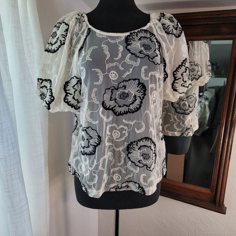 Laundry by Shelli Segal Cream Black Floral Embroidered Mesh Puff Sleeve Blouse L
